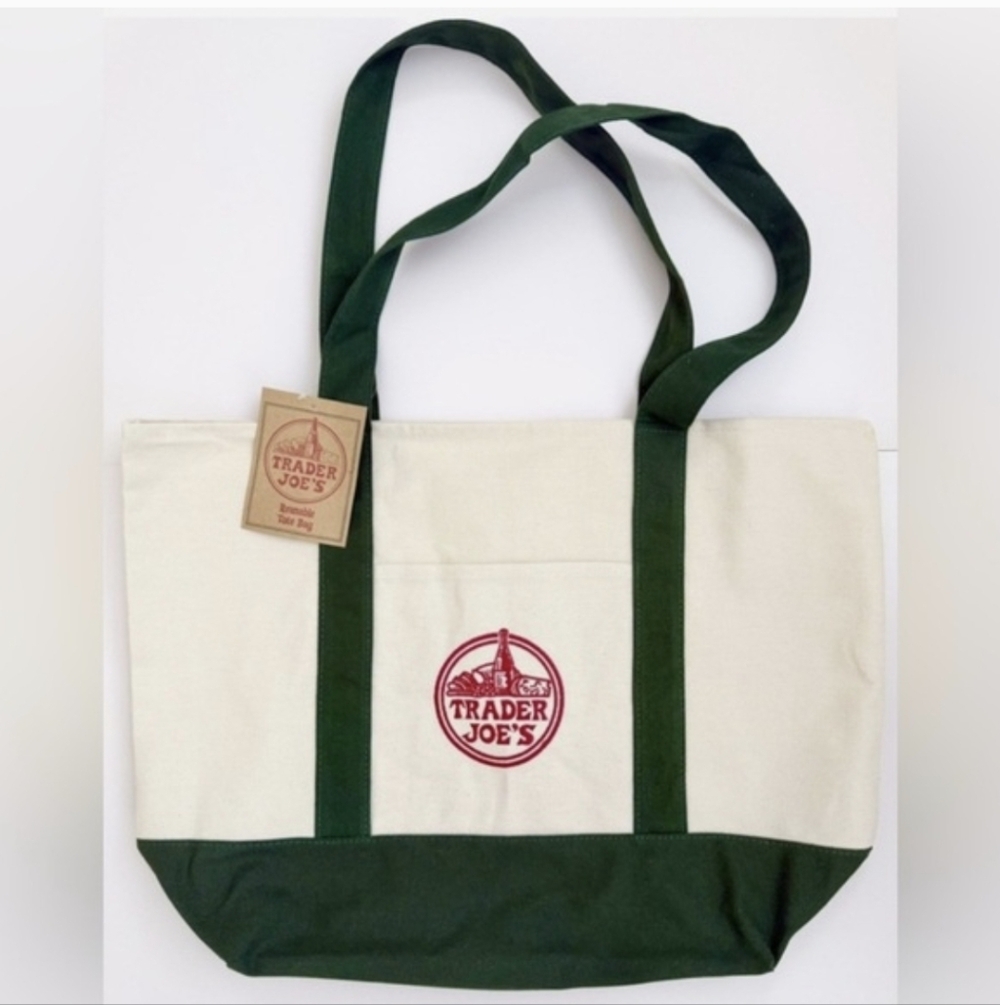 Trader Joe's Green and Cream Canvas Tote Bag